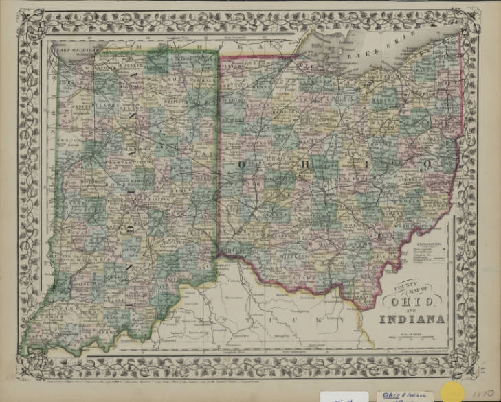 1870 County Map of Ohio and Indiana Preview