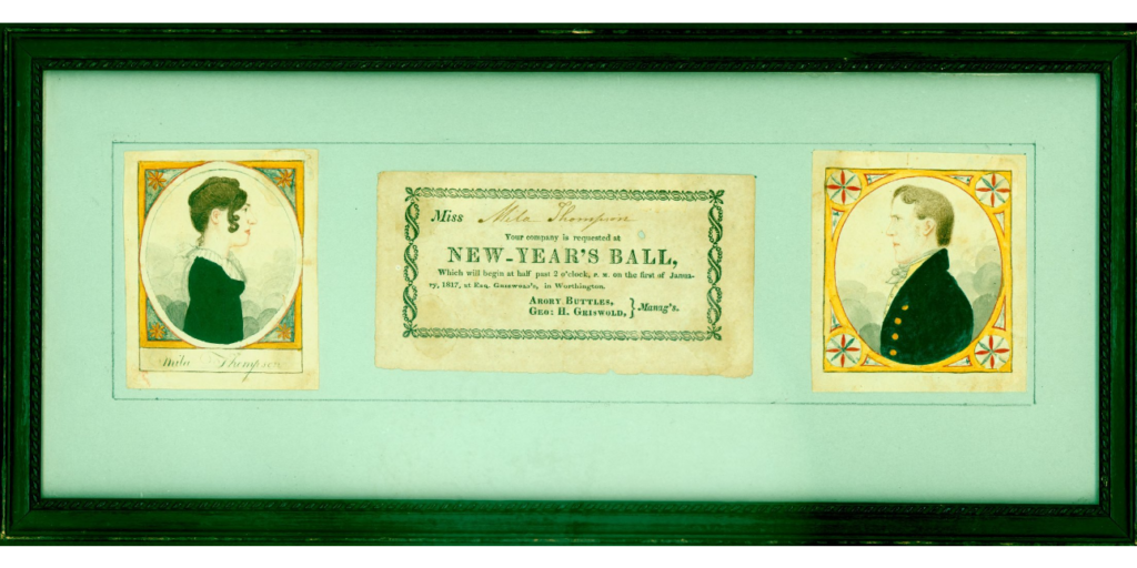Photograph of a framed invitation to a Ball held in Worthington Ohio in 1817in 