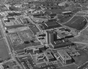 black and white aerial photograph of the Kent State campus, some time in the 1970s