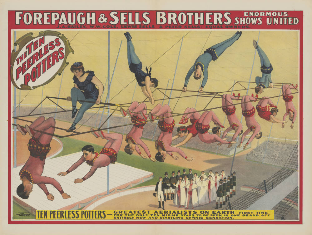A color poster of men and women performing acrobatics