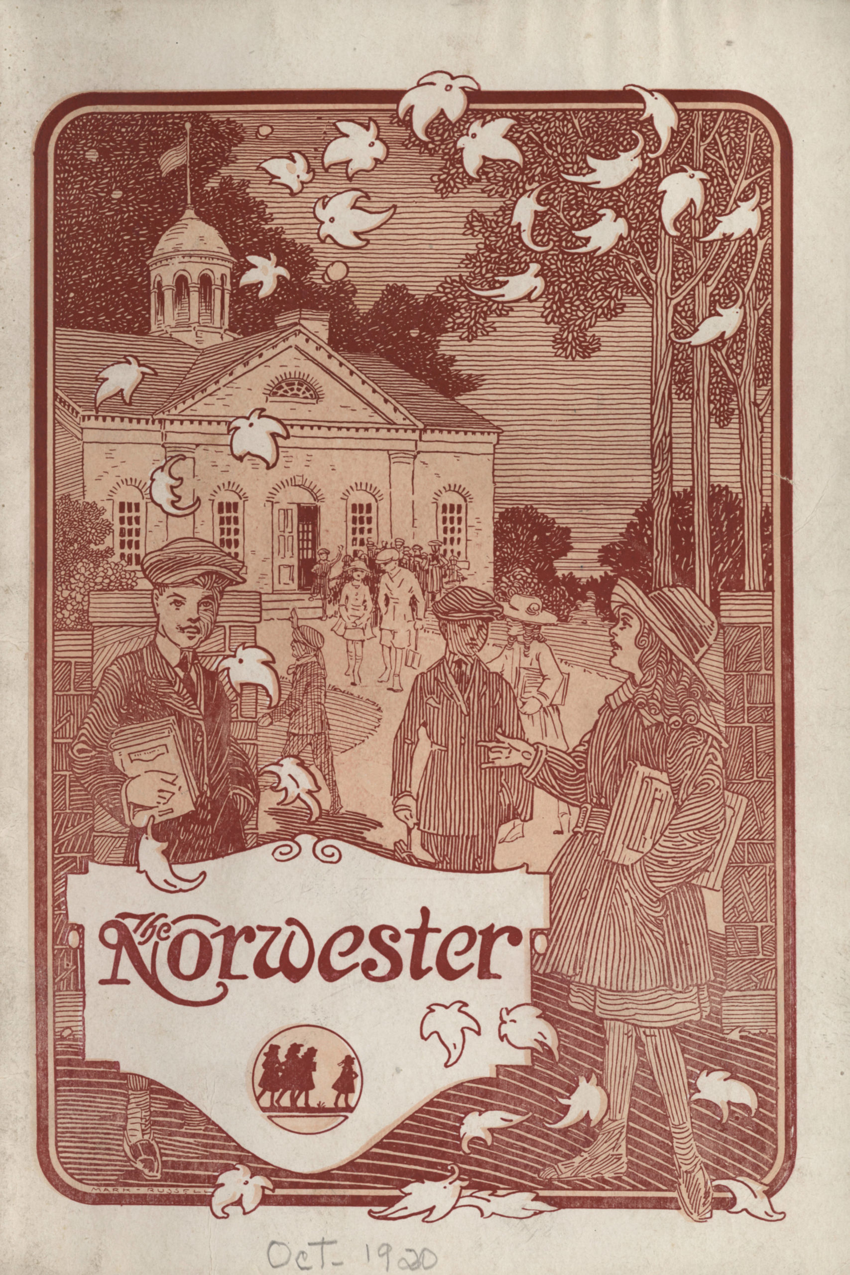 Printed cover of a newsletter illustration with people standing outside in an autumnal landscape